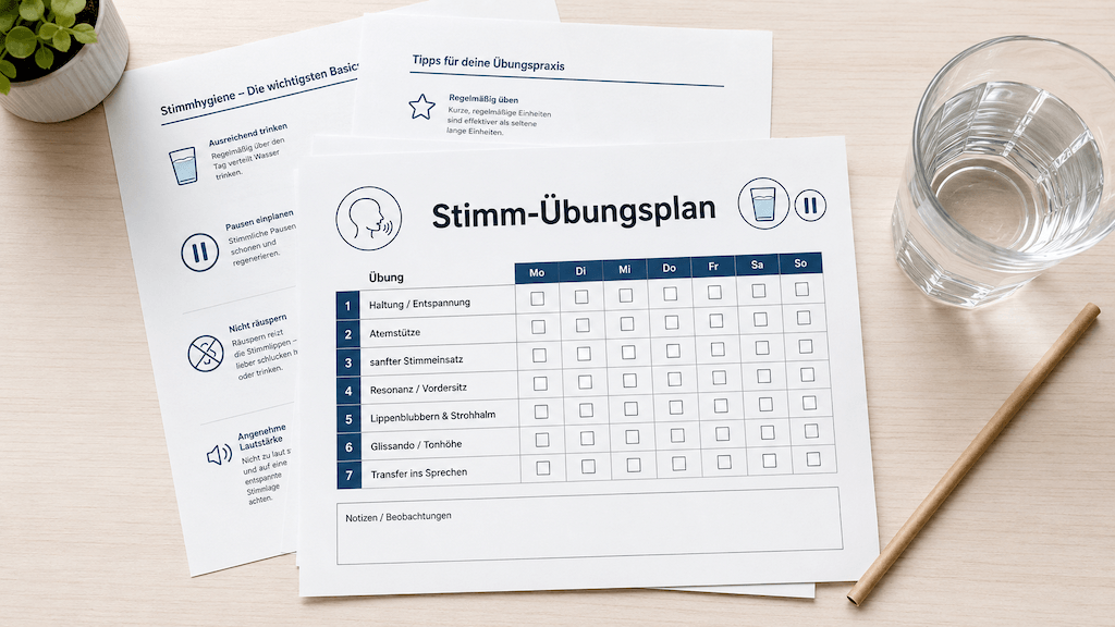Ausgedruckter Stimm-Übungsplan mit sieben Übungen und Wochenraster zum Ausdrucken (KI-generiert)