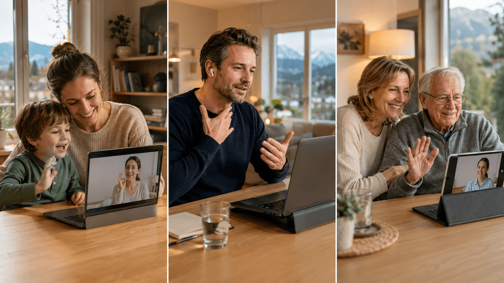Drei Zielgruppen der Online-Logopädie aus Thun: Kind mit Eltern, erwachsene Person und ältere Person mit Angehörigem (KI-generiert)