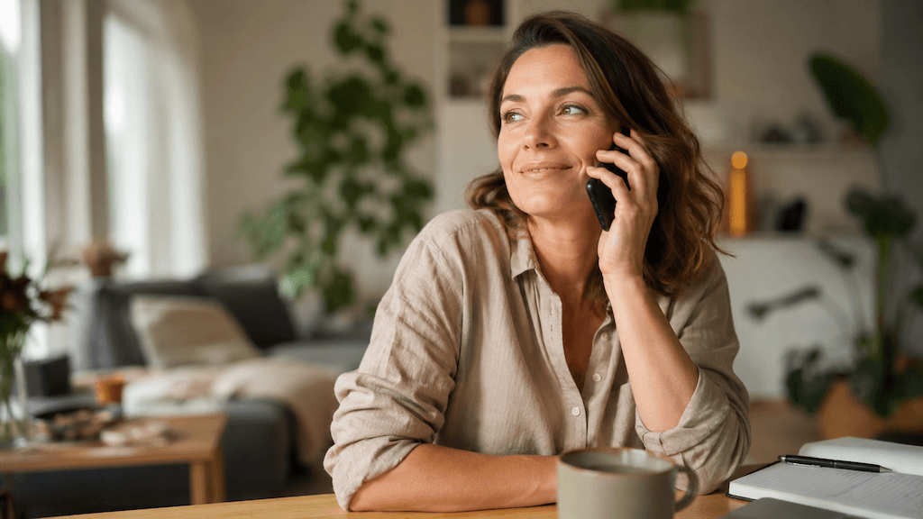 Erwachsene Person führt selbstbewusst ein Telefonat und wendet dabei die in der Stottertherapie erlernten Techniken an (KI-generiert)