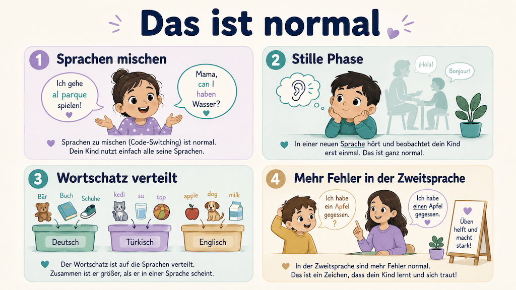 Infografik zeigt normale Phänomene der mehrsprachigen Entwicklung wie Sprachmischen und die stille Phase, die kein Grund zur Sorge sind (KI-generiert)
