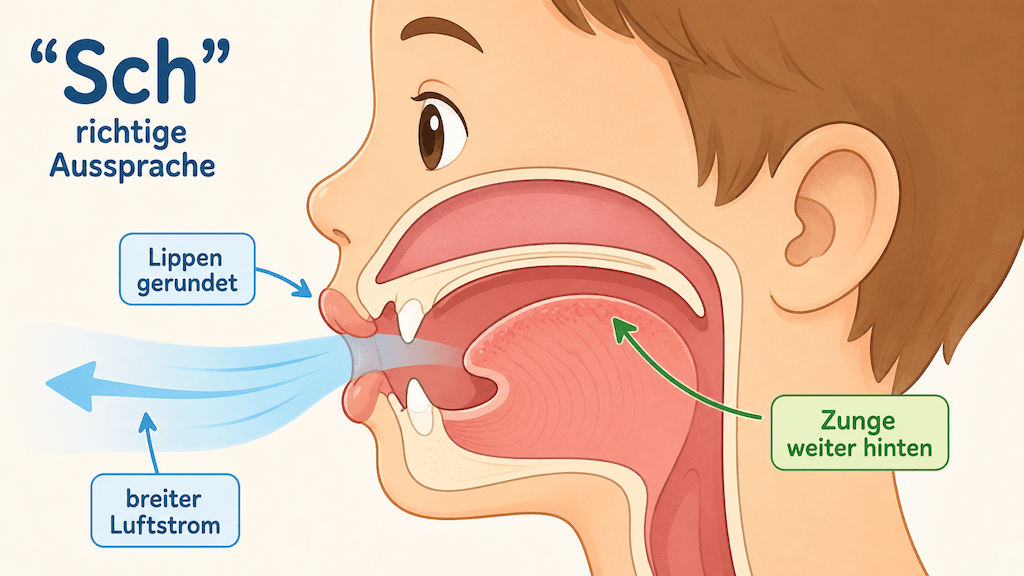 Didaktisches Schema der Lippen- und Zungenlage beim Sch-Laut als Hilfe für Ausspracheübungen (KI-generiert)