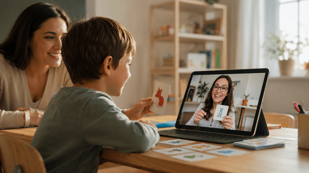 Kind macht zu Hause am Bildschirm eine spielerische Wortschatzübung, die Logopädin gibt per Video motivierende Rückmeldung (KI-generiert)