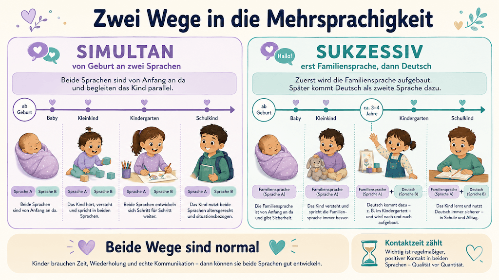 Infografik zeigt die zwei Wege in die Mehrsprachigkeit, den gleichzeitigen und den aufeinanderfolgenden Spracherwerb (KI-generiert)