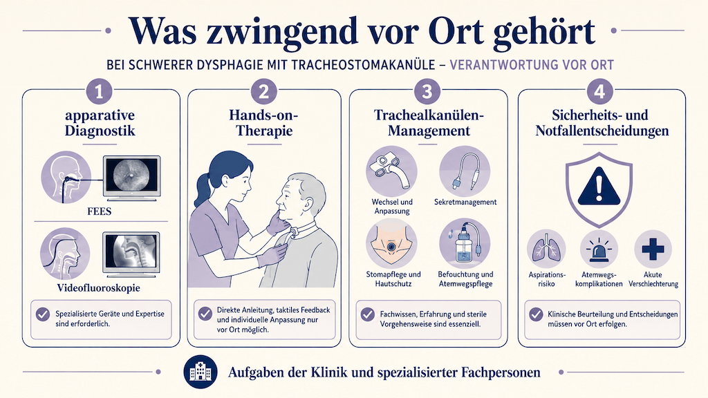 Infografik zeigt, was bei schwerer Dysphagie mit Trachealkanüle zwingend vor Ort gehört: apparative Diagnostik, Hands-on-Therapie, Kanülenmanagement und Sicherheitsentscheidungen (KI-generiert)