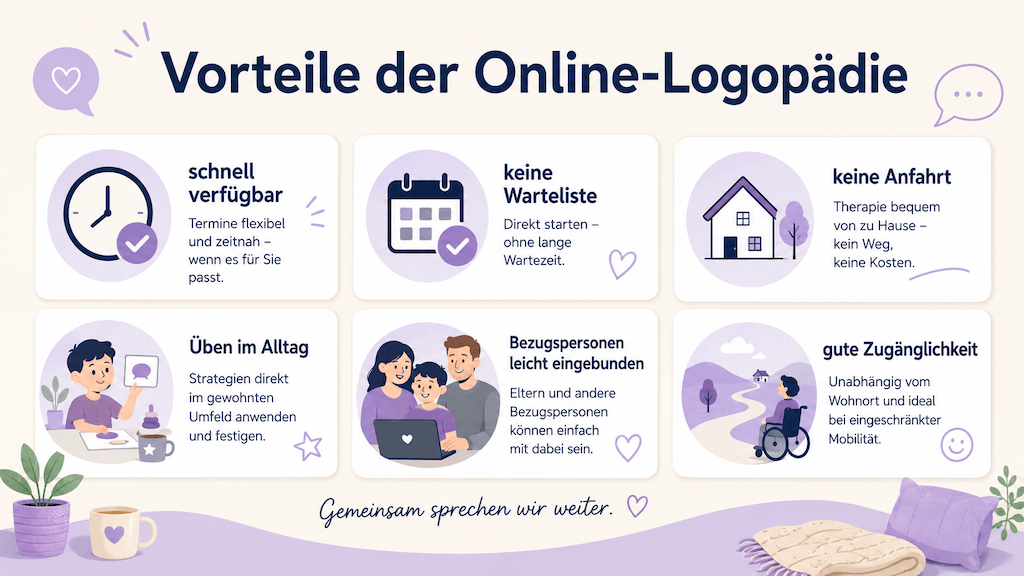 Vergleichsgrafik zur Wirksamkeit von Online- und Präsenz-Logopädie bei Aphasie, Stottern, Stimm- und Sprachentwicklungsstörungen (KI-generiert)