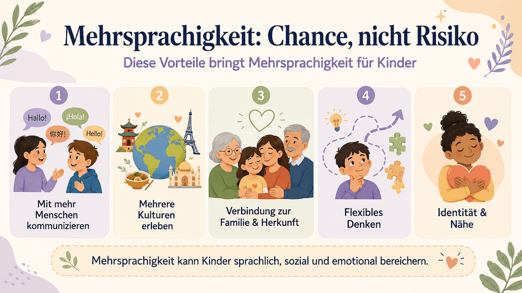 Infografik zeigt die Vorteile der Mehrsprachigkeit: mehr Kommunikation, mehrere Kulturen, Verbindung zur Familie und flexibles Denken (KI-generiert)