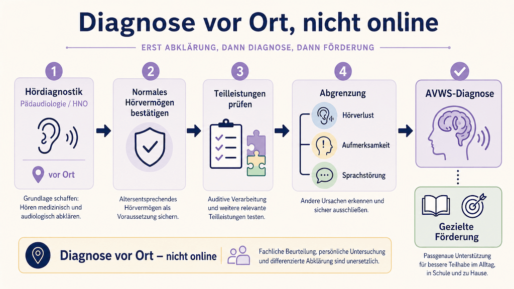 Ablaufgrafik zeigt, dass bei Verdacht auf AVWS zuerst die Hördiagnostik vor Ort und die Abgrenzung zu anderen Ursachen kommen (KI-generiert)