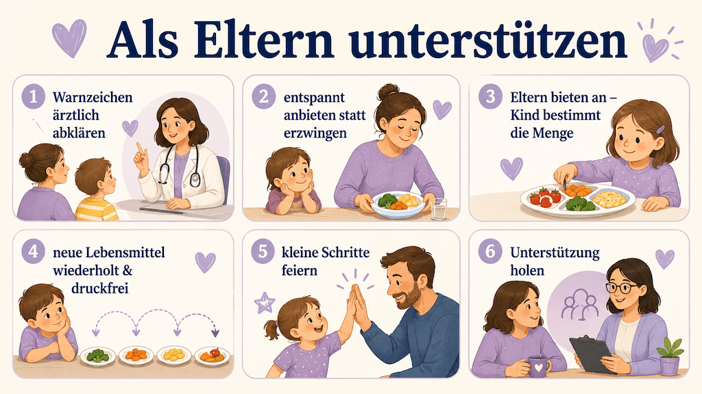 Infografik zeigt Eltern-Leitlinien bei Fütterproblemen, etwa entspannt anbieten statt erzwingen und bei Warnzeichen ärztlich abklären (KI-generiert)