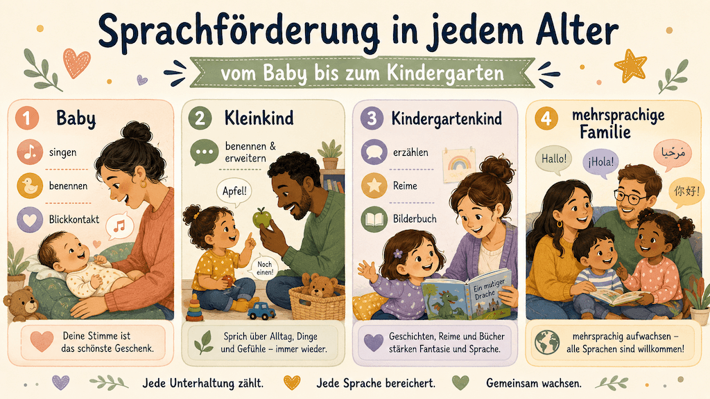 Illustration zeigt Sprachförderung in verschiedenen Altersstufen und in einer mehrsprachigen Familie (KI-generiert)
