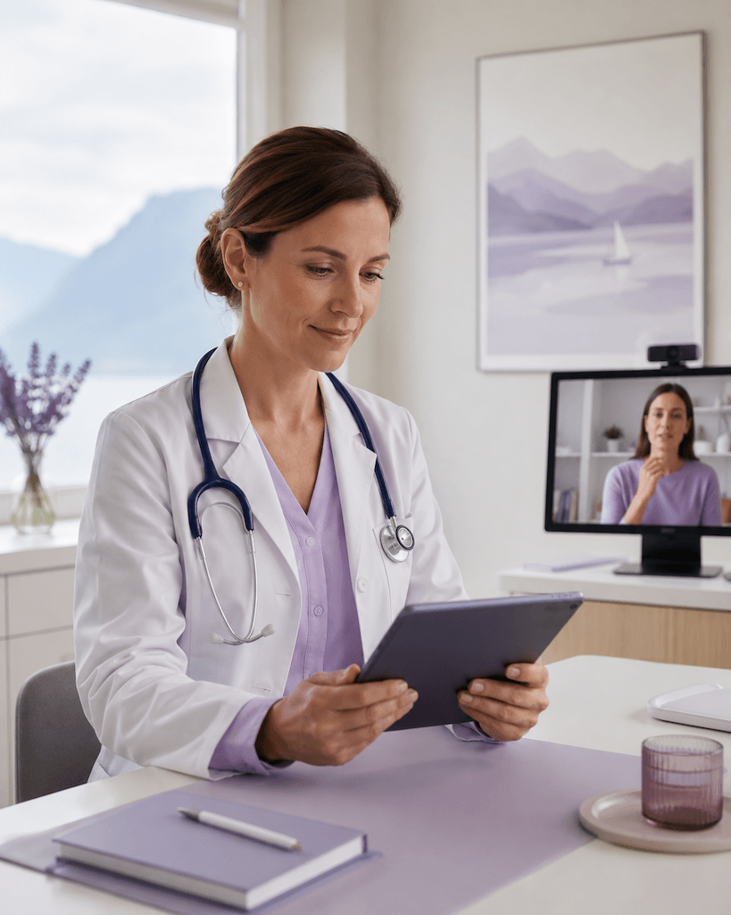 Ärztin in einer Schweizer Praxis prüft eine Zuweisung zur Online-Logopädie an einem Tablet (KI-generiert)