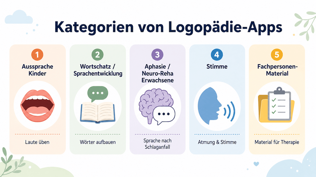 Infografik der fünf Kategorien von Logopädie-Apps nach Zweck und Zielgruppe (KI-generiert)