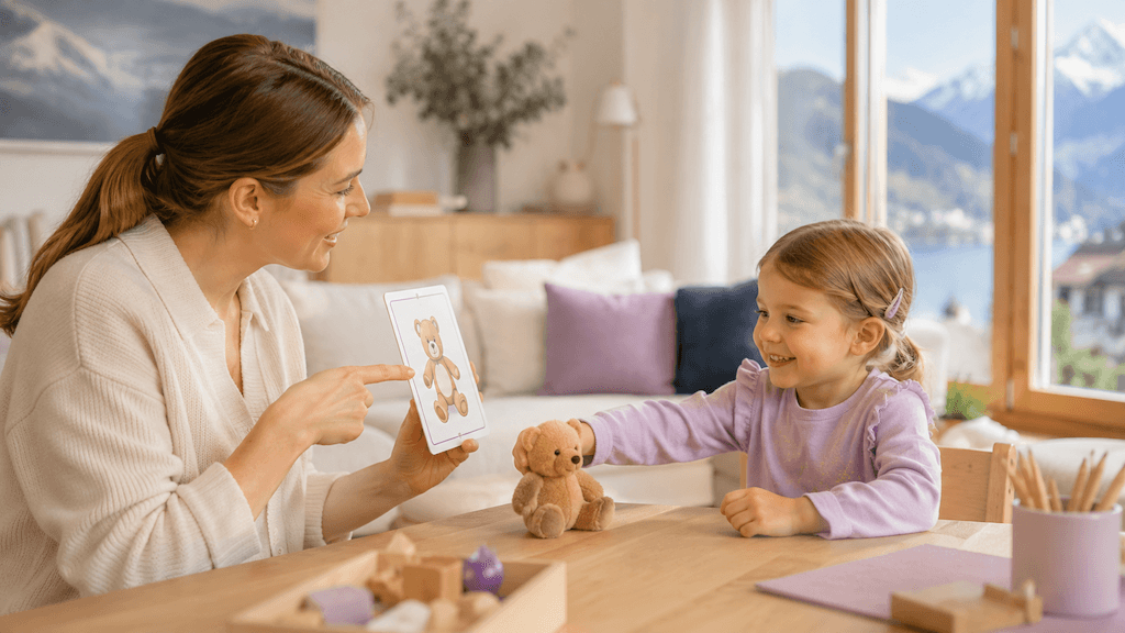 Kind und Bezugsperson üben gemeinsam Sprachverständnis in einer ruhigen Alltagssituation (KI-generiert)