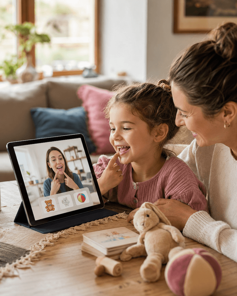 Kind nimmt zu Hause spielerisch an einer Online-Logopädie teil, ein Elternteil sitzt unterstützend daneben (KI-generiert)