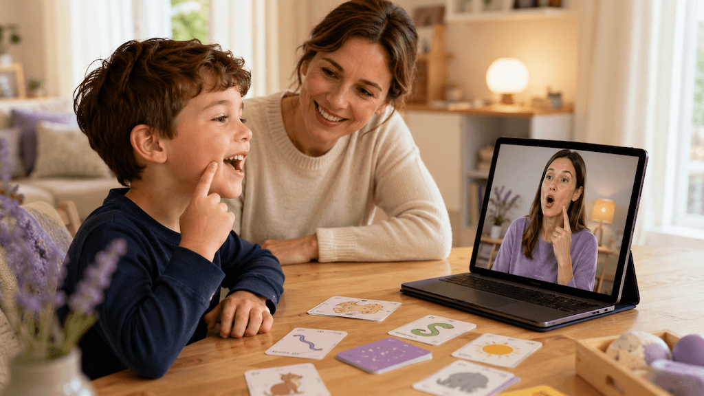 Kind übt in der Online-Logopädie spielerisch den S-Laut, angeleitet von einer Logopädin, ein Elternteil unterstützt (KI-generiert)