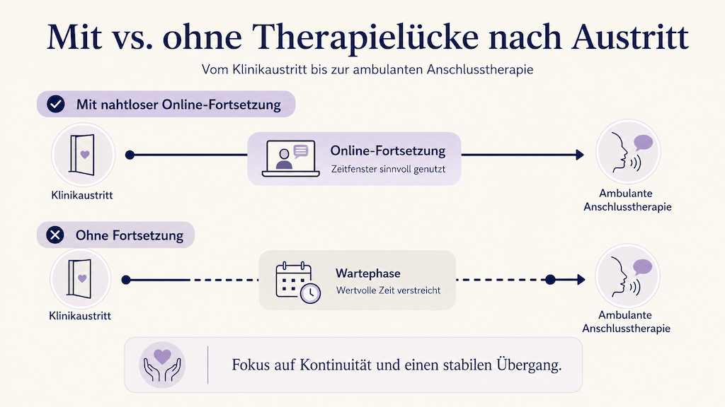 Infografik vergleicht die nahtlose Fortsetzung der Logopädie nach Klinikaustritt mit einer wochenlangen Therapielücke auf der Warteliste (KI-generiert)