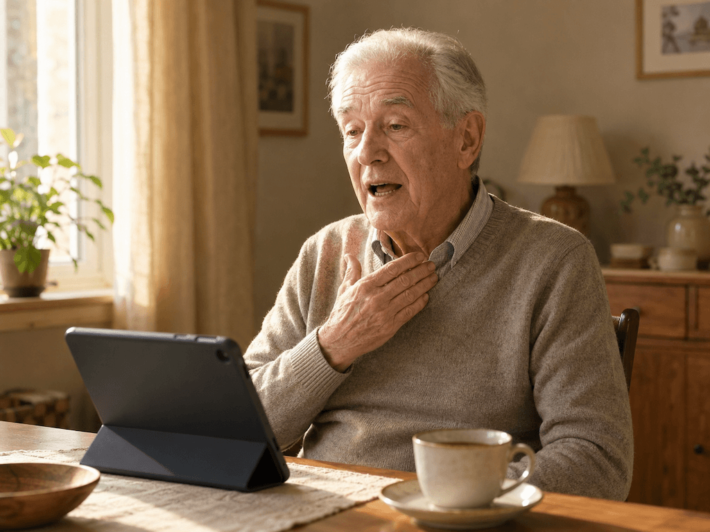 Älterer Herr am Tablet mit Tasse Tee