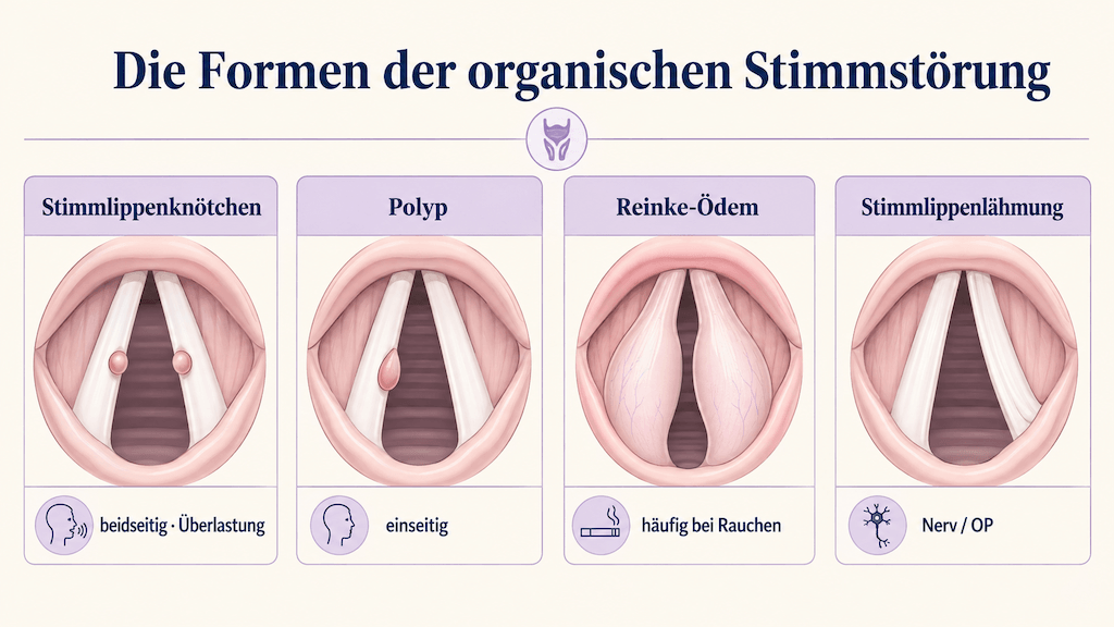 Übersichtsgrafik häufiger organischer Stimmstörungen von Stimmlippenknötchen über Polyp und Reinke-Ödem bis zur Stimmlippenlähmung (KI-generiert)