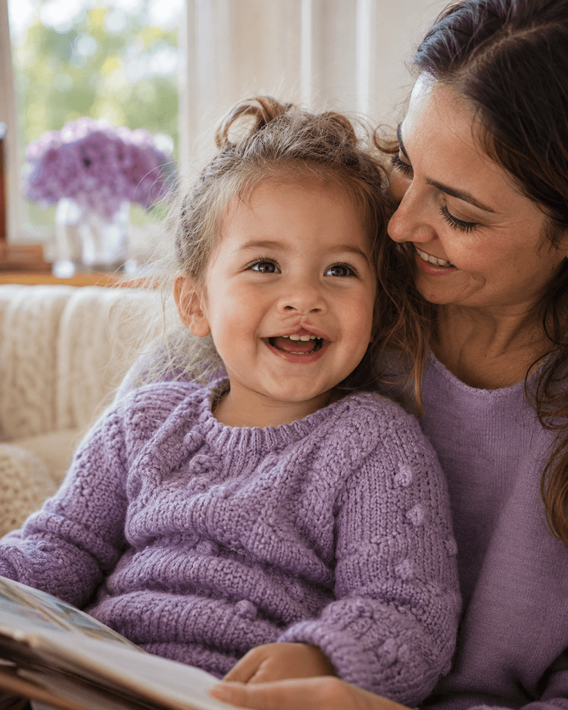 Fröhliches Kind mit einer Lippen-Kiefer-Gaumenspalte in einer liebevollen, geborgenen Familiensituation (KI-generiert)