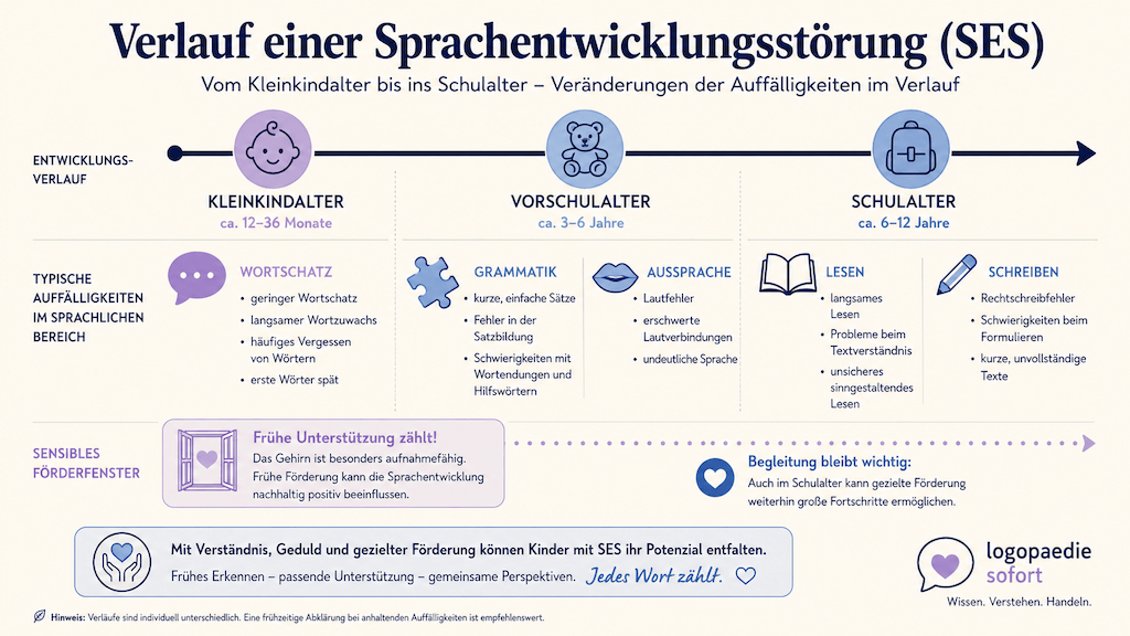 Verlaufsgrafik der Sprachentwicklungsstörung vom Kleinkind- bis ins Schulalter mit sensiblem Förderfenster (KI-generiert)