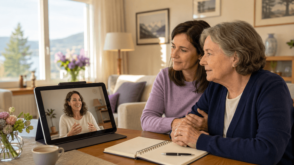 Logopädin ist per Videoanruf zugeschaltet, während ein älterer Mensch mit Aphasie und eine angehörige Person gemeinsam zu Hause die Therapie fortsetzen (KI-generiert)