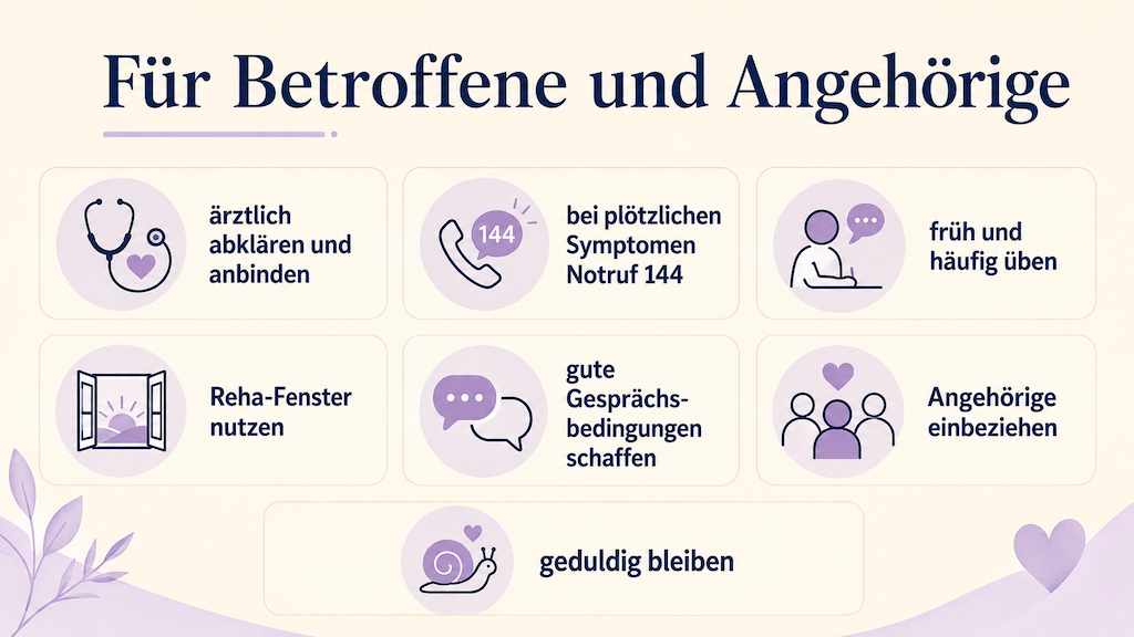 Infografik fasst Kernpunkte bei erworbener Artikulationsstörung zusammen, etwa früh und häufig üben, gute Gesprächsbedingungen schaffen und Angehörige einbeziehen (KI-generiert)