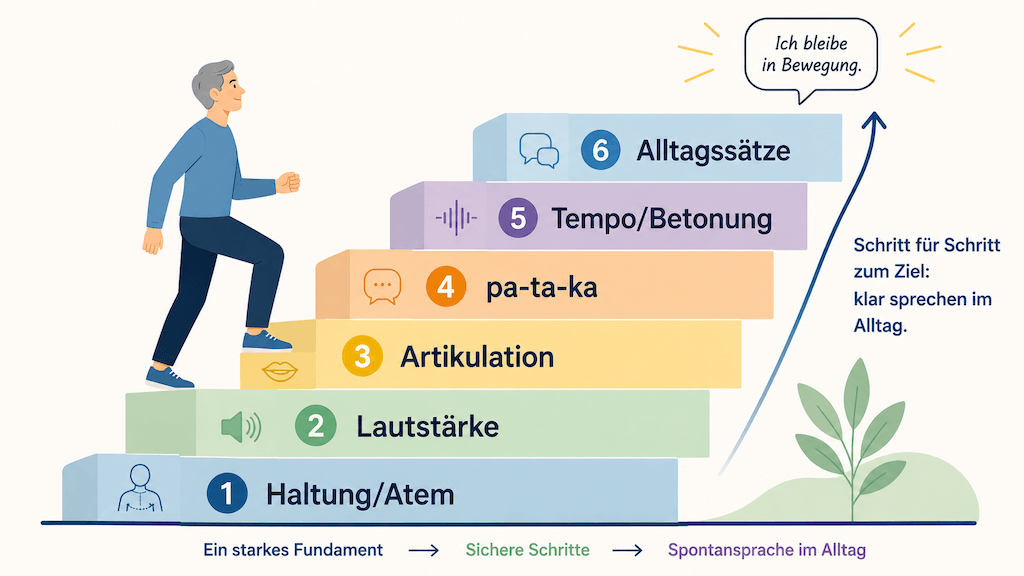 Illustrierte Übungstreppe vom Atem über die Lautstärke bis zum Alltagssatz beim Üben mit Dysarthrie (KI-generiert)