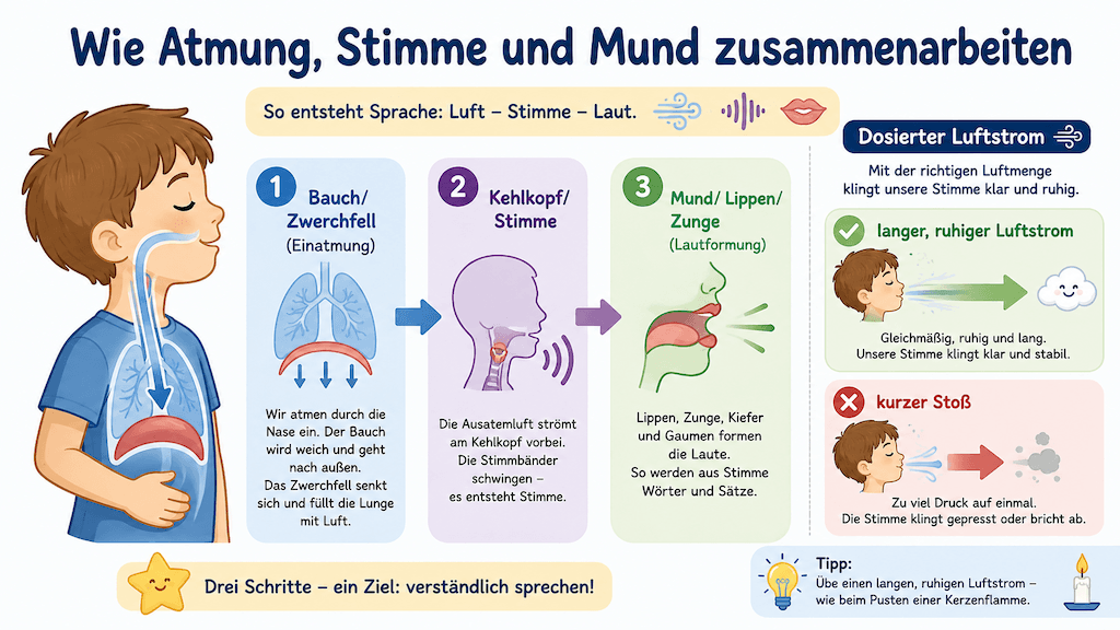 Didaktisches Schema, wie beim Sprechen Atem, Stimme und Mund zusammenwirken (KI-generiert)