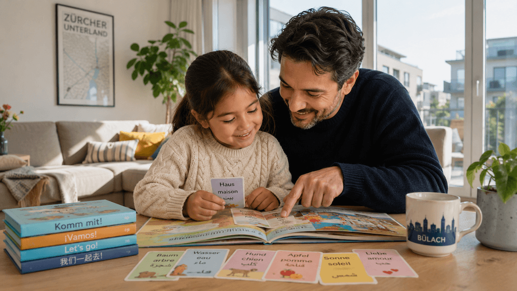 Mehrsprachiges Kind aus Bülach fördert die Sprache gemeinsam mit einem Elternteil zu Hause (KI-generiert)