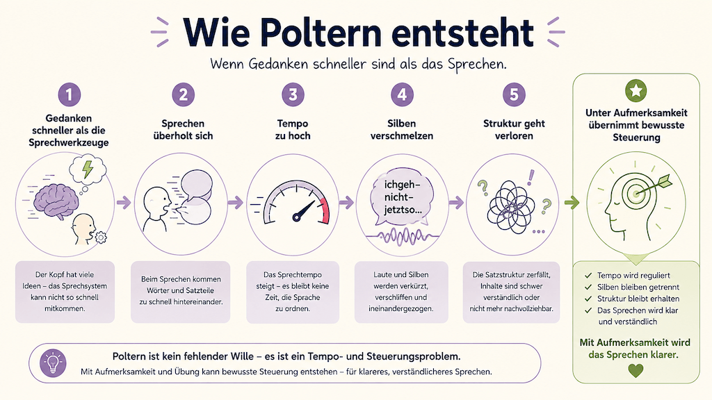Infografik veranschaulicht, wie beim Poltern das zu schnelle Sprechen die Verständlichkeit und Struktur beeinträchtigt und sich unter Aufmerksamkeit bessert (KI-generiert)