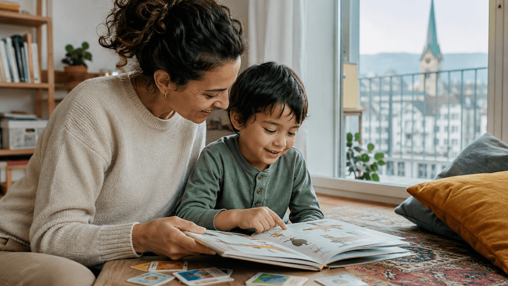 Mehrsprachiges Kind aus Zürich fördert die Sprache gemeinsam mit einem Elternteil zu Hause (KI-generiert)