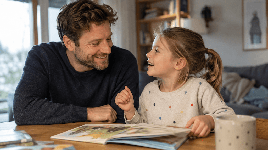 Vater und Tochter schauen gemeinsam ein Bilderbuch an und sprechen dabei entspannt miteinander (KI-generiert)