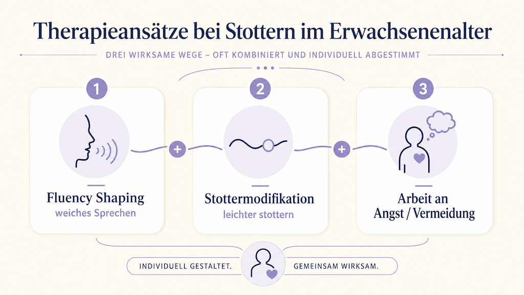 Infografik der Therapieansätze beim Stottern von Fluency Shaping über Stottermodifikation bis zur Arbeit an Angst und Vermeidung (KI-generiert)
