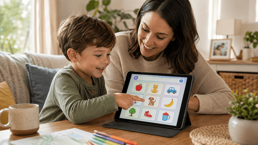 Elternteil und Kind nutzen gemeinsam eine Sprach-App als Anlass zum Sprechen (KI-generiert)