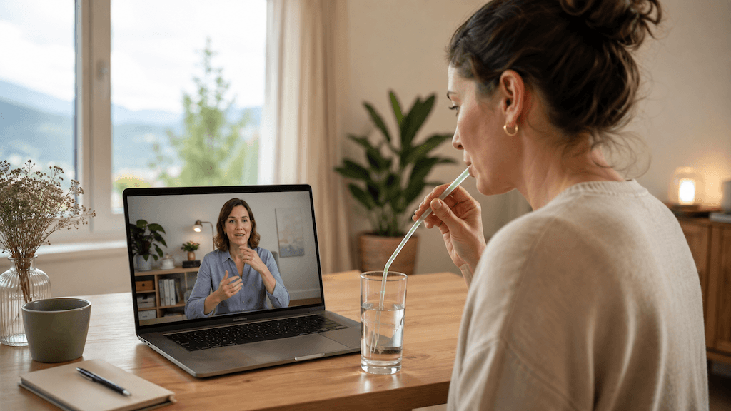 Erwachsene Person übt eine Stimmübung mit Strohhalm in der Online-Logopädie, die Logopädin gibt per Video Rückmeldung (KI-generiert)