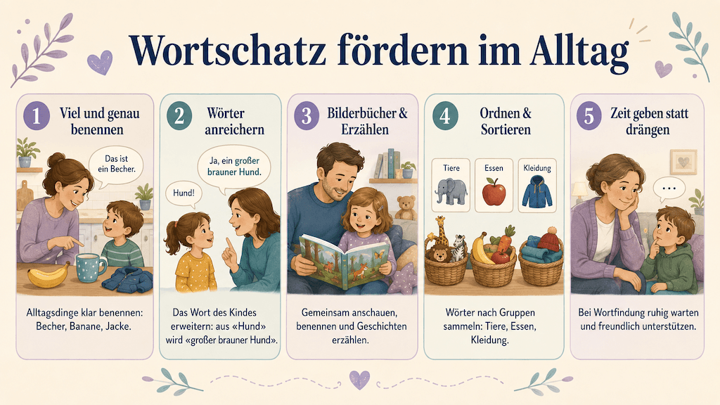 Infografik zeigt, wie Eltern den Wortschatz ihres Kindes im Alltag fördern, etwa durch genaues Benennen und gemeinsames Erzählen (KI-generiert)