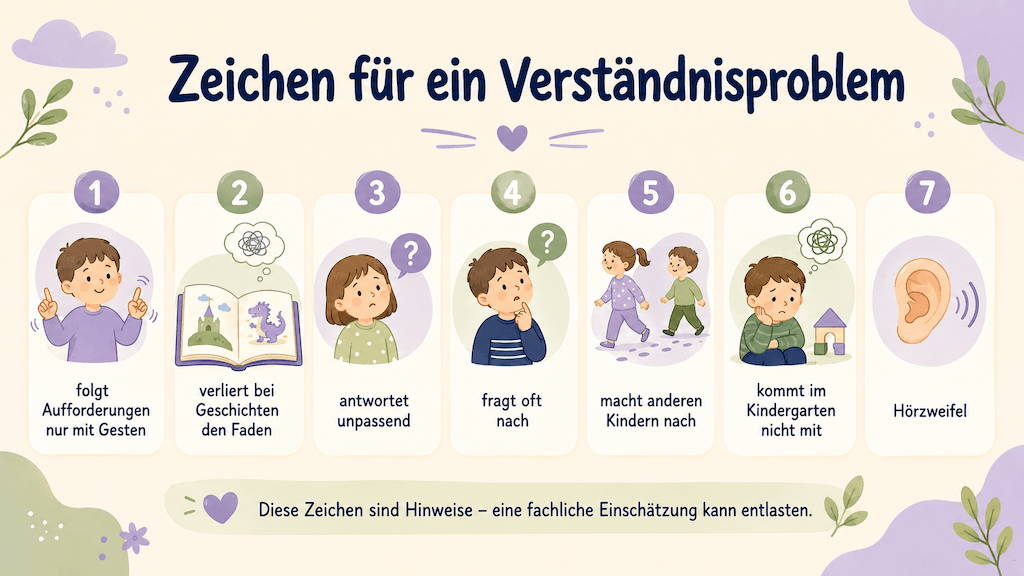 Infografik zeigt Zeichen für ein Sprachverständnisproblem, etwa Aufforderungen nur mit Gesten befolgen oder bei Geschichten den Faden verlieren (KI-generiert)