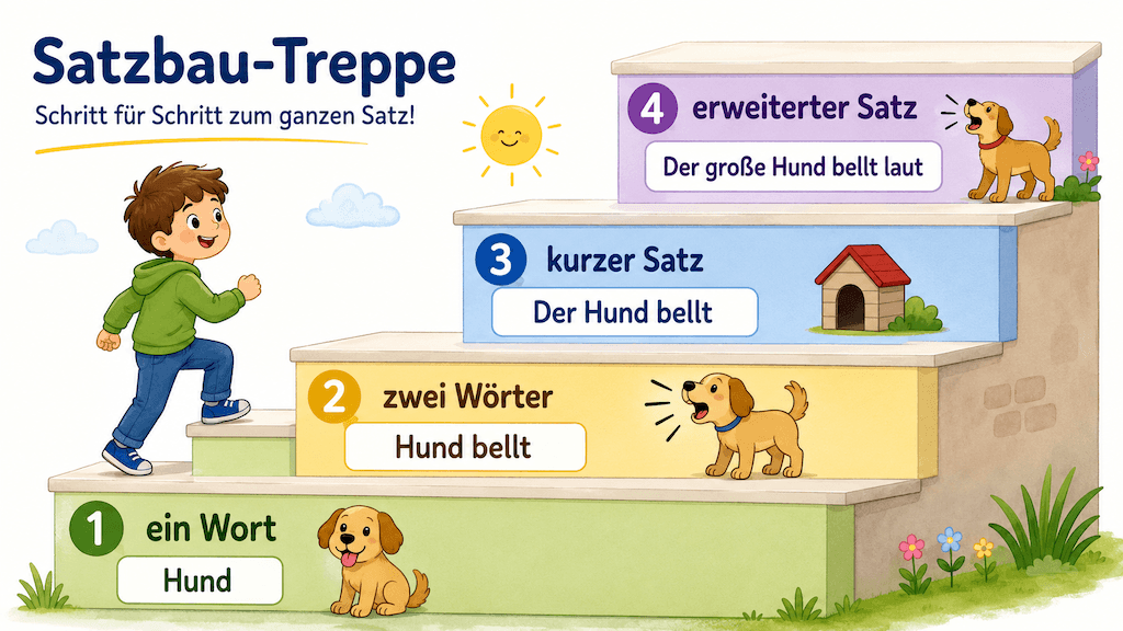 Illustrierte Satzbau-Treppe vom Einzelwort zum vollständigen Satz als Hilfe für Grammatikübungen (KI-generiert)