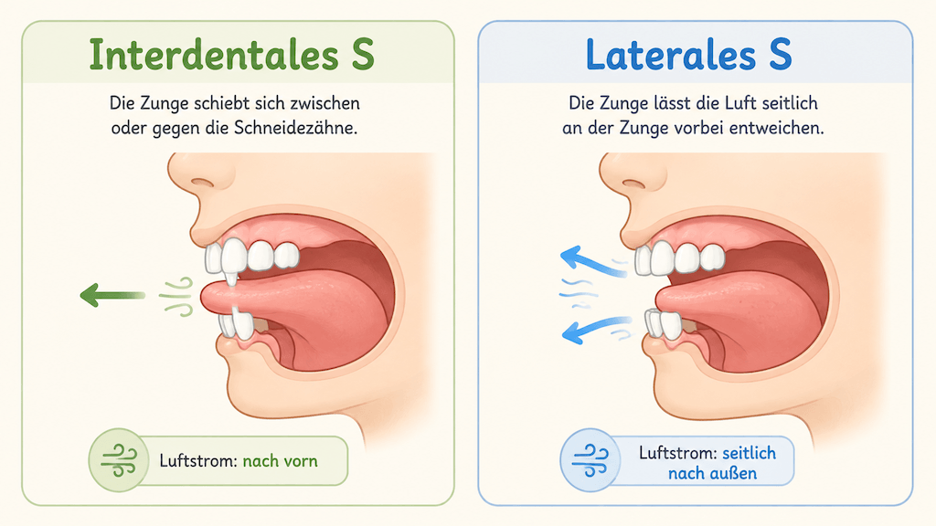 Vergleich von interdentalem und lateralem Lispeln anhand der Zungenlage und des Luftstroms (KI-generiert)
