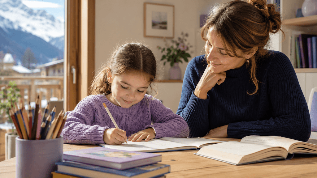 Kind schreibt zu Hause am Tisch, während ein Elternteil aufmerksam und unterstützend daneben sitzt (KI-generiert)