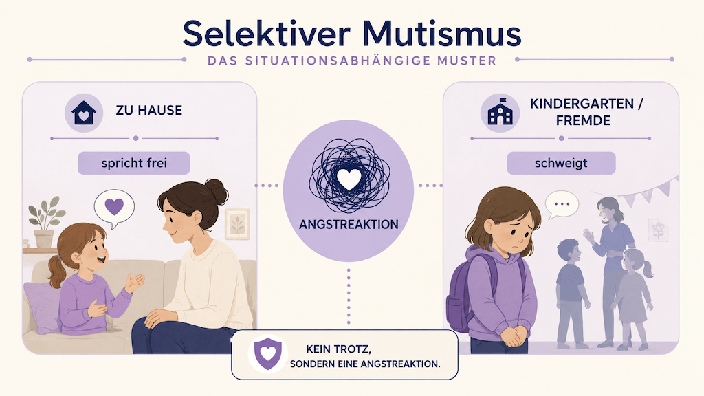 Infografik zeigt das situationsabhängige Muster beim selektiven Mutismus mit Sprechen zu Hause und Schweigen in angstbesetzten Situationen (KI-generiert)