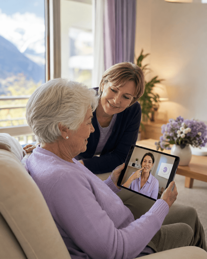 Ältere Person setzt zu Hause die logopädische Therapie in einer Online-Sitzung fort, unterstützt von einer Bezugsperson (KI-generiert)