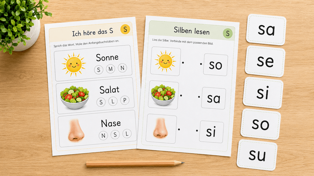 S-Laut-Übungsblätter mit Bildern und Silbenkarten zum Ausdrucken (KI-generiert)