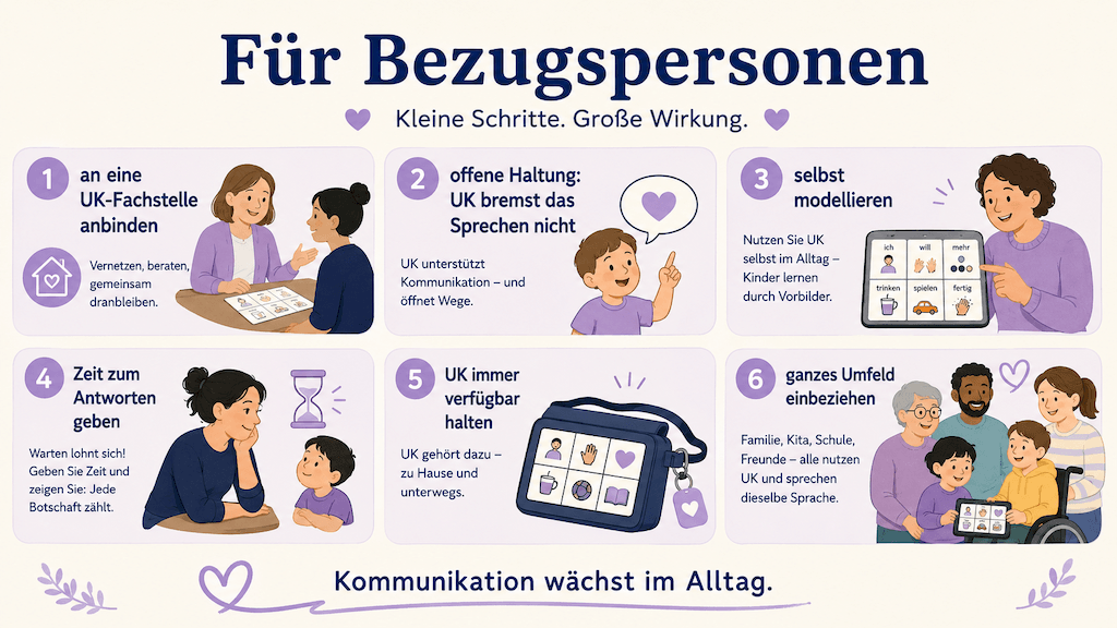 Infografik zeigt Leitlinien für Bezugspersonen bei unterstützter Kommunikation, etwa selbst modellieren, Zeit zum Antworten geben und das ganze Umfeld einbeziehen (KI-generiert)