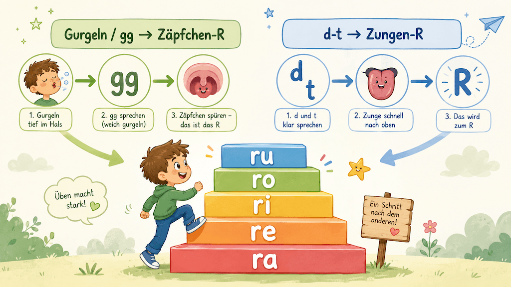 Didaktische Grafik der zwei R-Ableitungswege und der Silben-Treppe zum stufenweisen Üben des R-Lauts (KI-generiert)