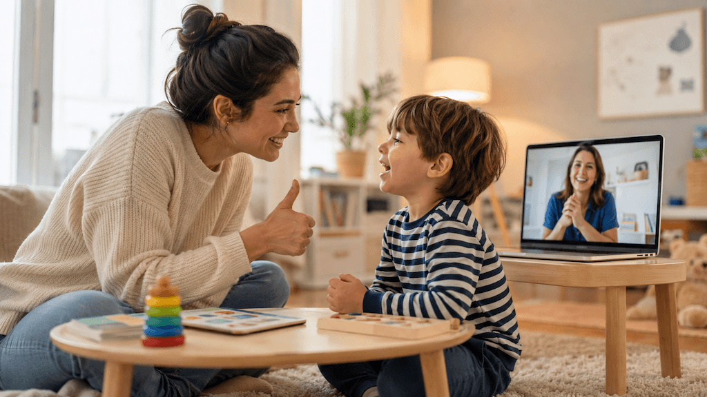 Kind und Bezugsperson sprechen entspannt miteinander, ohne Druck auf das Sprechen (KI-generiert)