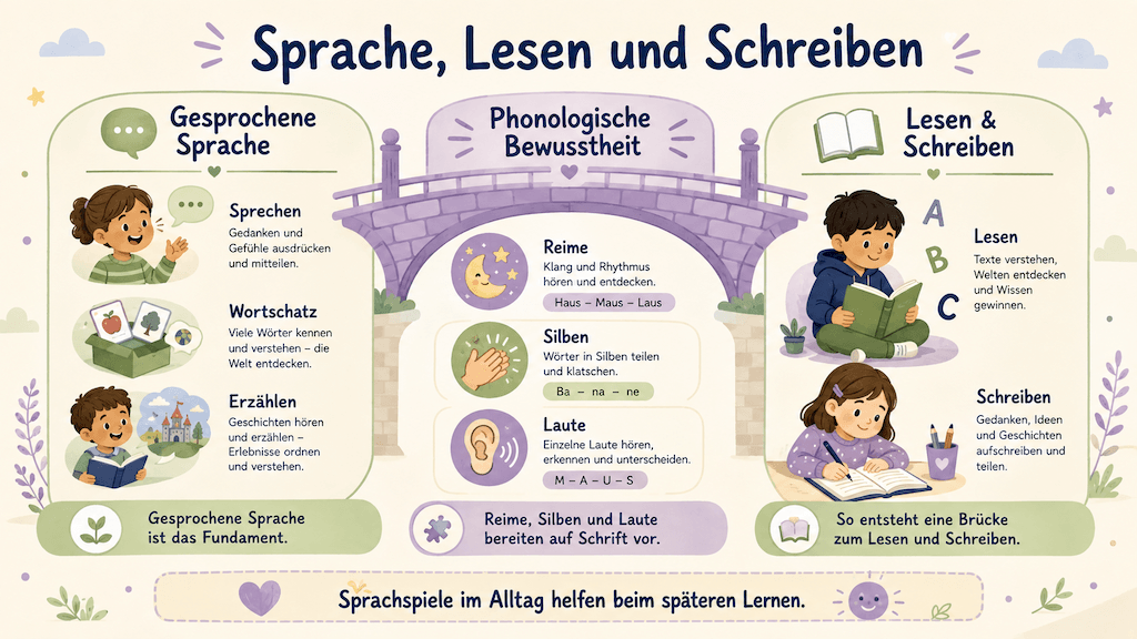 Infografik zeigt, wie die gesprochene Sprache und die phonologische Bewusstheit das spätere Lesen und Schreiben vorbereiten (KI-generiert)