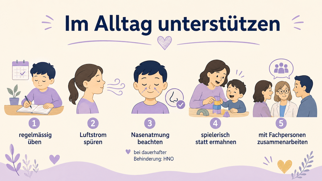 Infografik zeigt Alltagstipps bei Näseln, etwa regelmässig üben, auf die Nasenatmung achten und mit Fachpersonen zusammenarbeiten (KI-generiert)