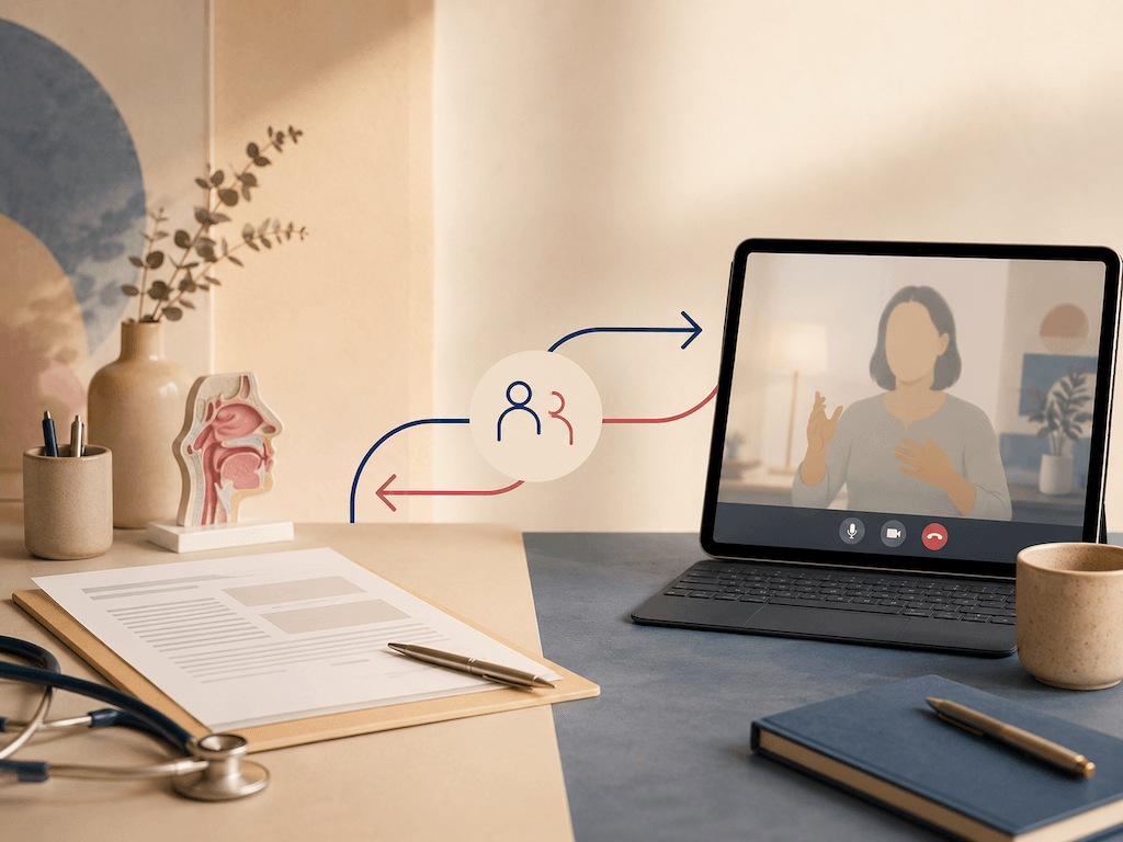 Symbolbild zur fachlichen Zusammenarbeit zwischen Arztpraxis und Online-Logopädie über Befund und Videocall (KI-generiert)