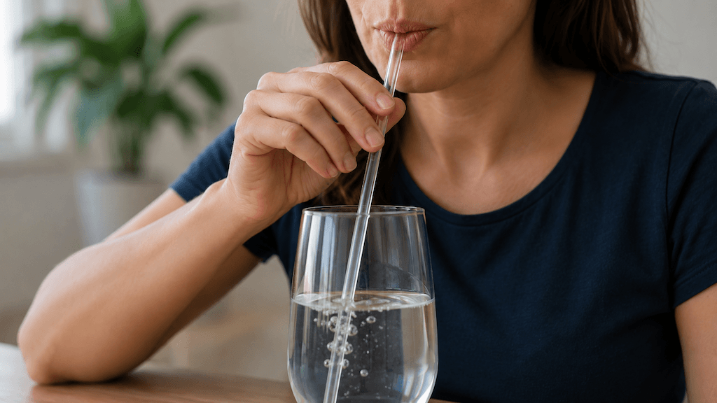 Erwachsene Person macht die Strohhalm-Phonation in ein Wasserglas als halbverdeckte Stimmübung gegen Heiserkeit (KI-generiert)