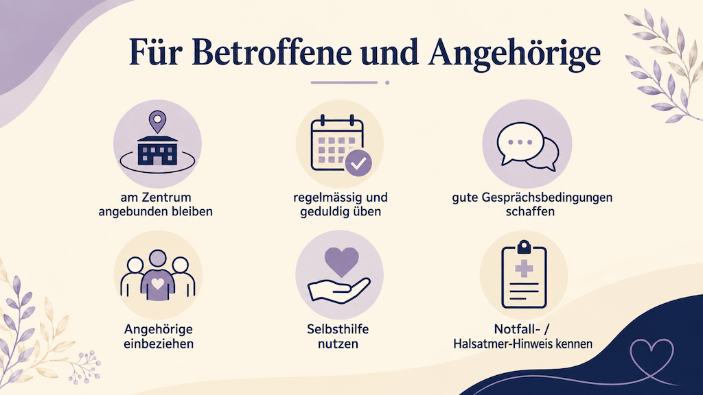 Infografik fasst Kernpunkte nach Laryngektomie zusammen, etwa am Zentrum angebunden bleiben, geduldig üben und Angehörige einbeziehen (KI-generiert)